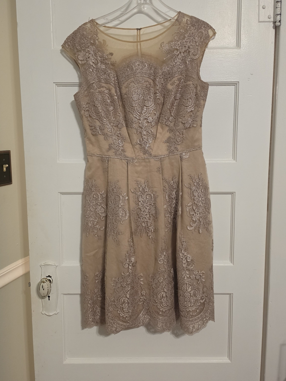 Kay Unger Taupe Lace-Embellished Midi Dress